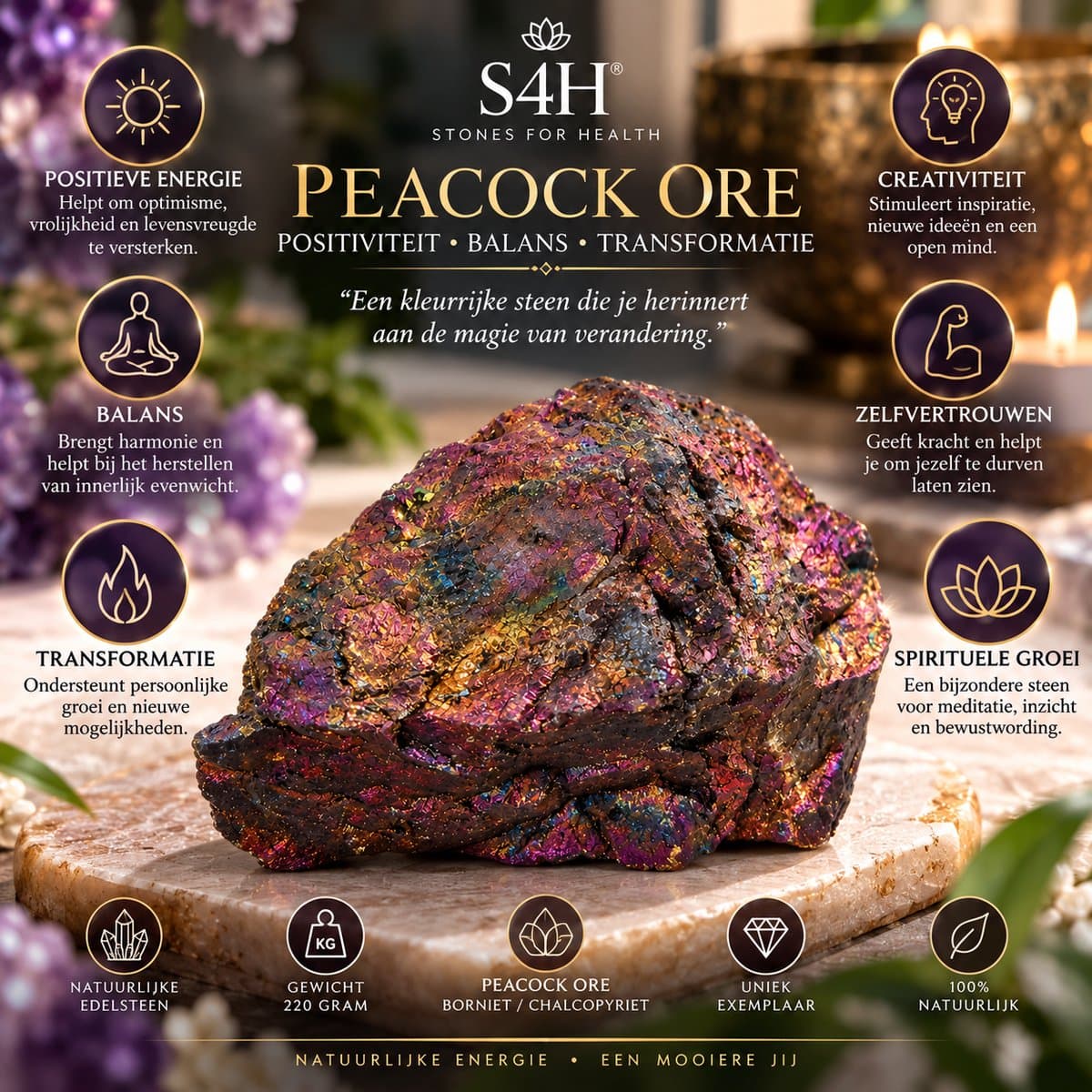 S4H® Peacock Ore Ruwe Edelsteen 220 gram – Borniet / Chalcopyriet – Pauwenerts – Regenboog Kristal – Decoratie, Energie & Spiritualiteit voordelen