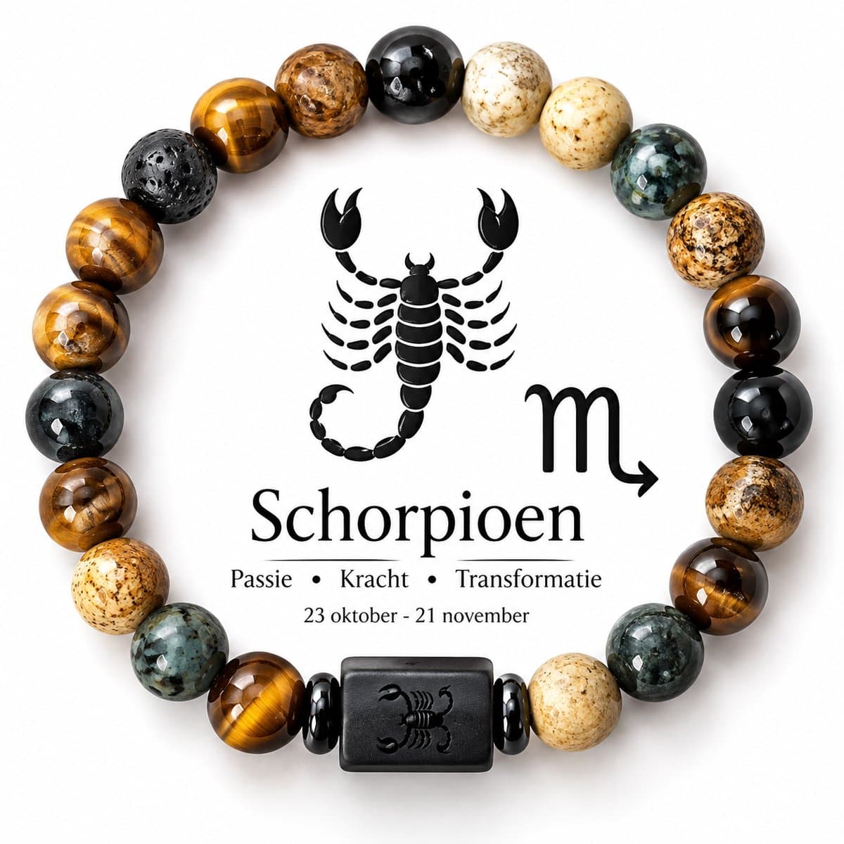 S4H Schorpioen Armband (Scorpio) – Edelsteen Horoscoop Armband – Tijgeroog & Jaspis – 18 cm Unisex – Bescherming & Intuïtie – Cadeau voor Hem & Haar