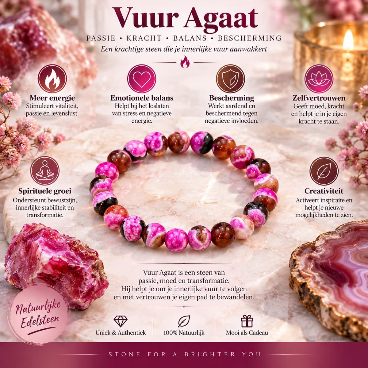 S4H® Vuur Agaat Edelstenen Armband – 8 mm Kralen – 18 cm – Handgemaakt Unisex – Roze Agaat – Balans, Kracht & Bescherming voordelen