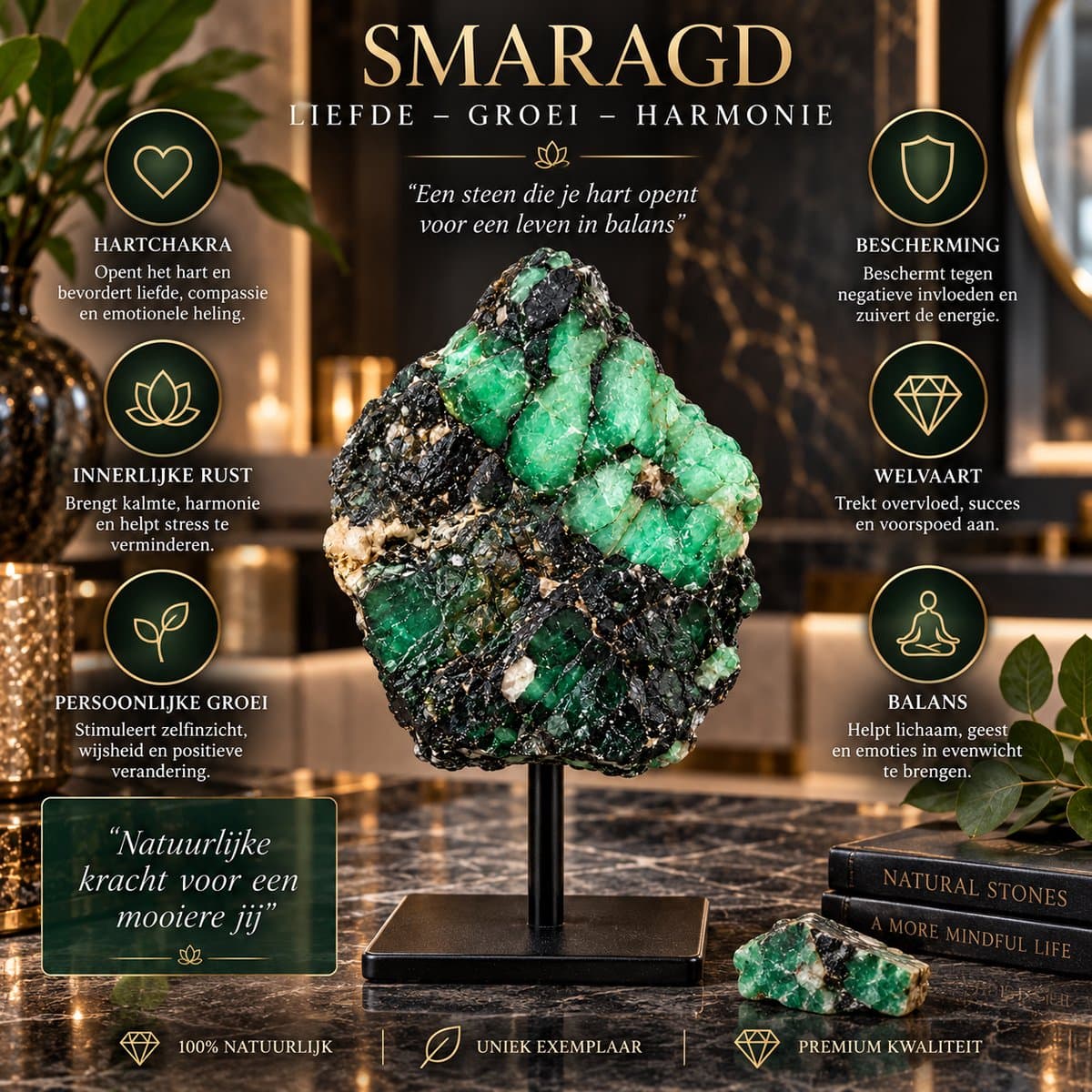 S4H® Ruwe Smaragd op Standaard – Natuurlijke Groene Edelsteen – Luxe Kristal Woondecoratie – Uniek Mineraal voor Interieur, Meditatie & Hartchakra voordelen