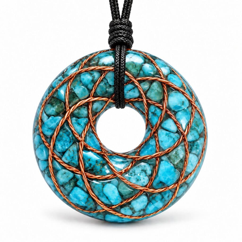 S4H Turquoise Hanger met Koper Wire Wrap – Torus / Pi-stone Ø 1,9 cm – Ketting 66 cm