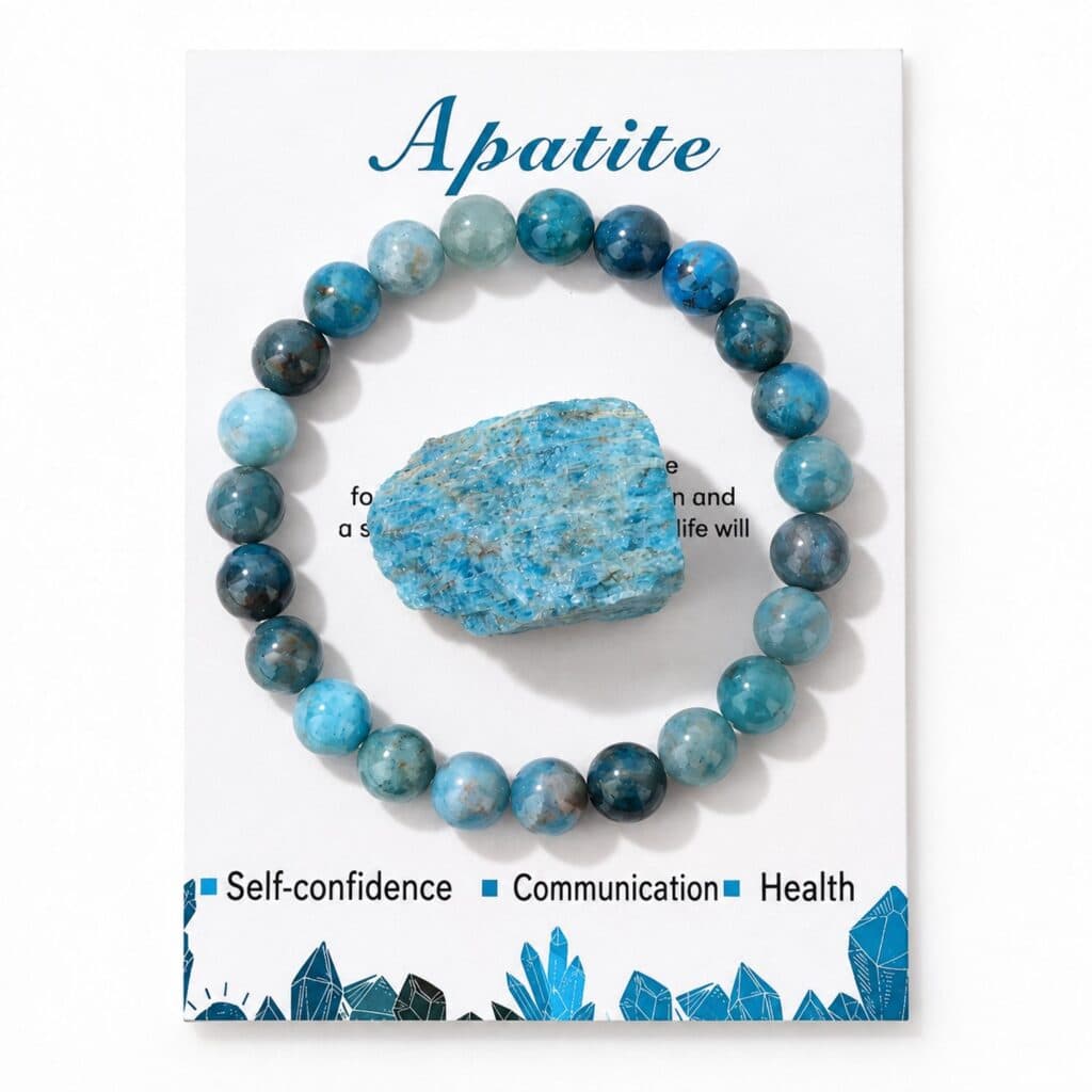 S4H Apatiet edelstenen armband - 18 cm - 8 mm kralen - Met ruwe apatietsteen en kaart
