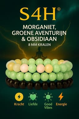 S4H® Combinatiearmbanden – Obsidiaan, Groene Aventurijn Morganiet 8 mm kralen - Size 18 cm