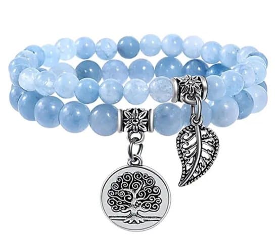 S4H Aquamarijn Armband – Dubbel met Levensboom & Blad (zilver)