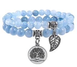 S4H Aquamarijn Armband – Dubbel met Levensboom & Blad (zilver)