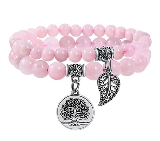 S4H® Rozenkwarts Armband met Boom des Levens & Blad Hanger – Liefde, Harmonie & Zelfliefde – Handgemaakt van Natuurlijke Edelstenen (2-delige set)