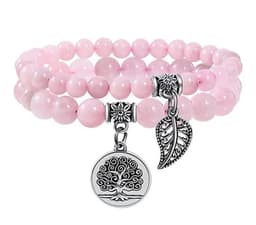 S4H® Rozenkwarts Armband met Boom des Levens & Blad Hanger – Liefde, Harmonie & Zelfliefde – Handgemaakt van Natuurlijke Edelstenen (2-delige set)
