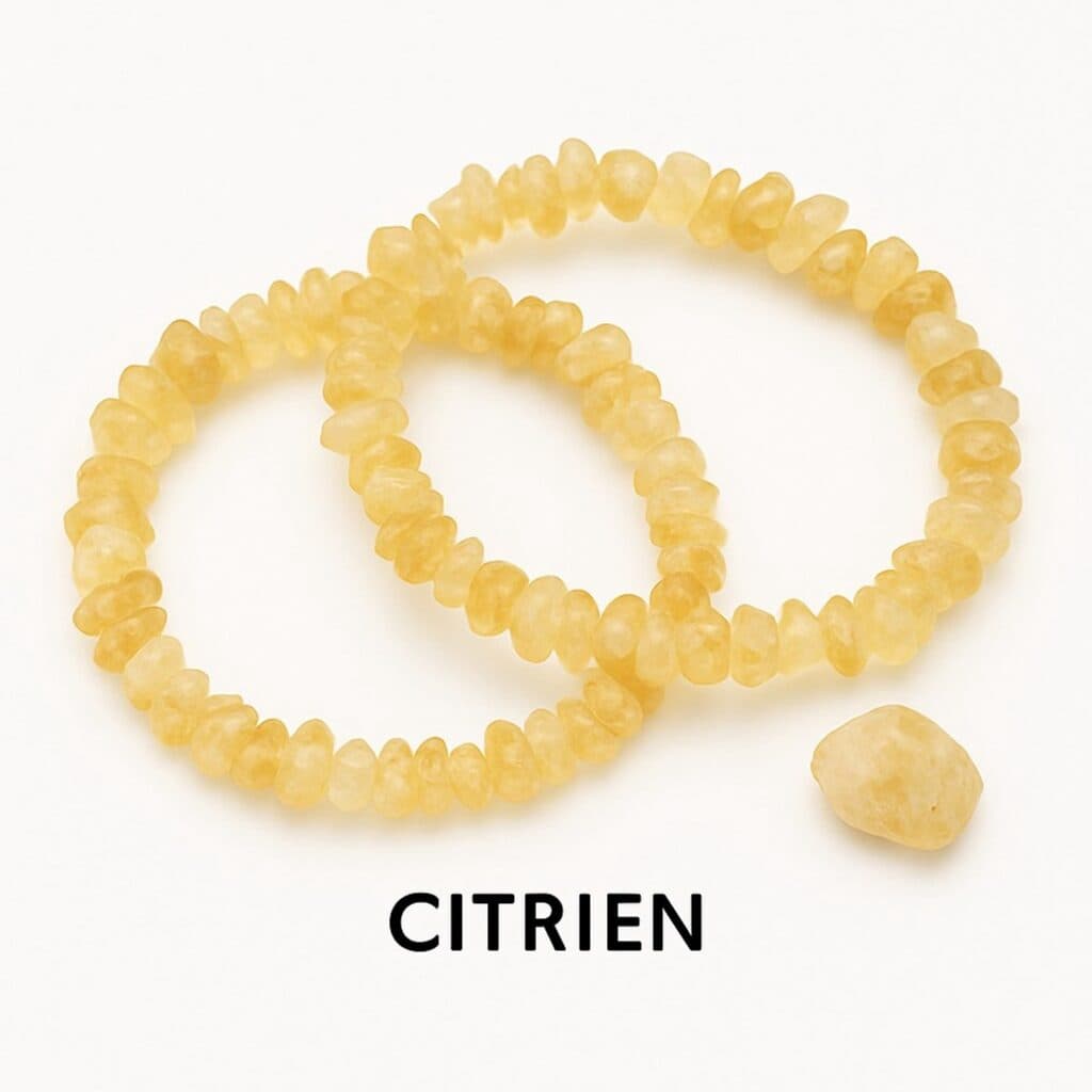 Twee gele citrien splitarmbanden met een losse steen.