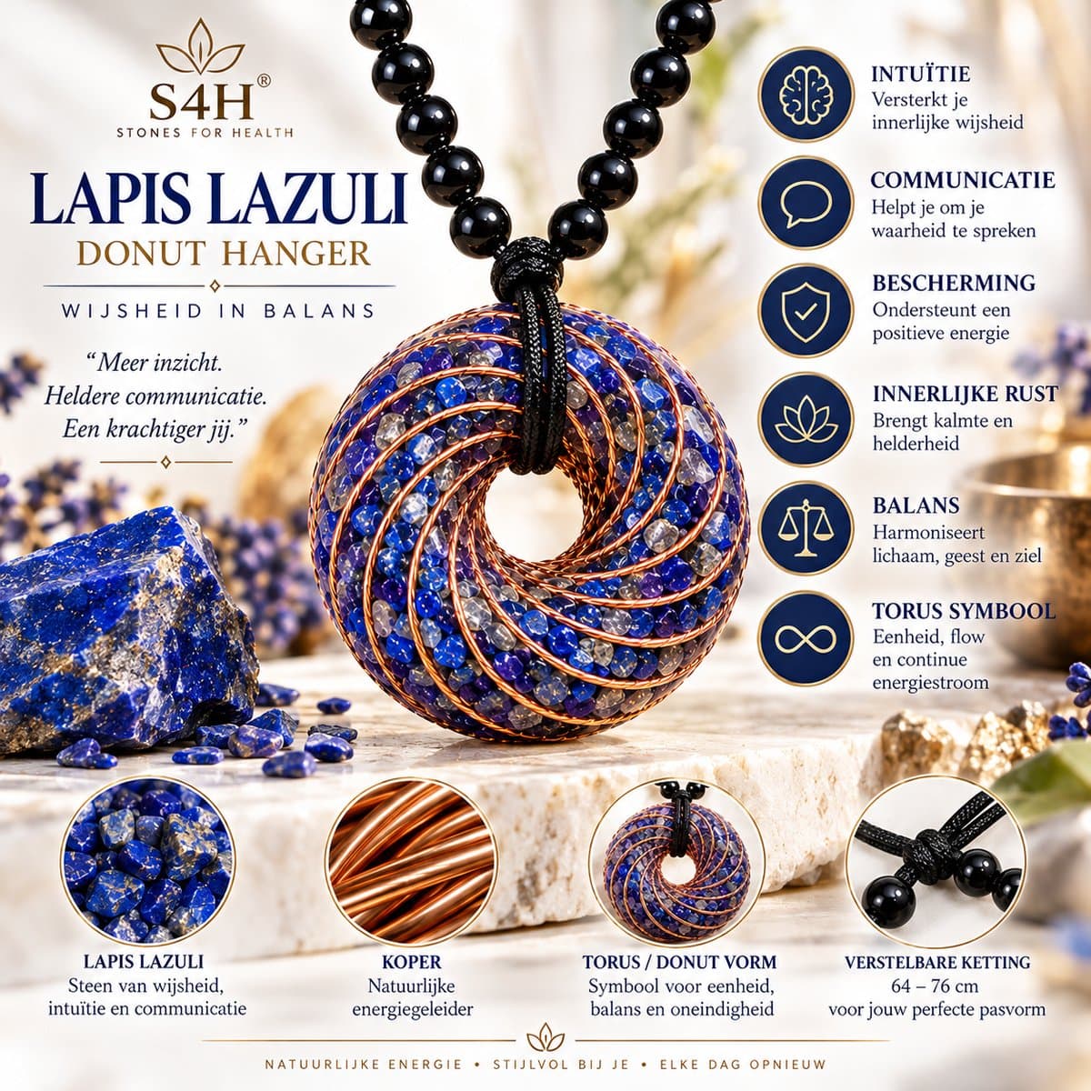 S4H® Lapis Lazuli Orgonite Donut Hanger – Koperen Spiraal – Verstelbare Ketting 64-76 cm – Torus Pi Stone – Edelsteen Ketting voor Intuïtie, Communicatie & Balans