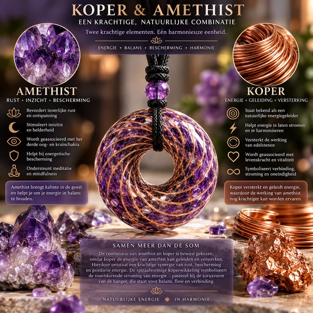 S4H® Orgonite Amethist Donut Hanger – Torus Ketting met Koper Wire Wrap – Edelsteen Ketting – Spiritueel Sieraad – Unisex