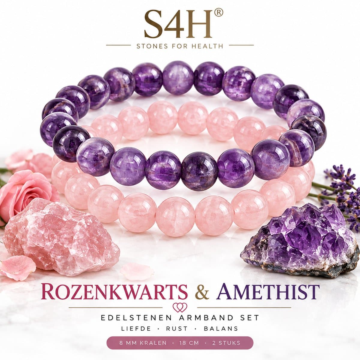 S4H® Rozenkwarts & Amethist Edelstenen Armband Set – 2 Stuks – 8 mm Kralen – 18 cm – Liefde, Rust & Balans