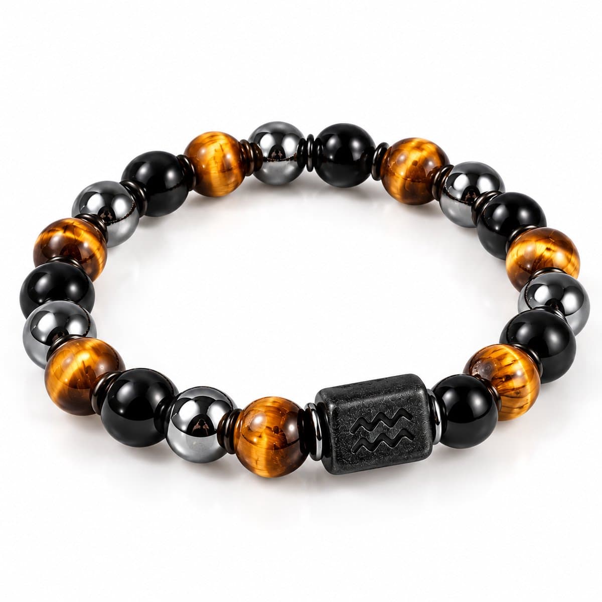 S4H - Sterrenbeeld Waterman Armband – Tijgeroog, Hematiet & Obsidiaan | Aquarius Edelsteen Armband
