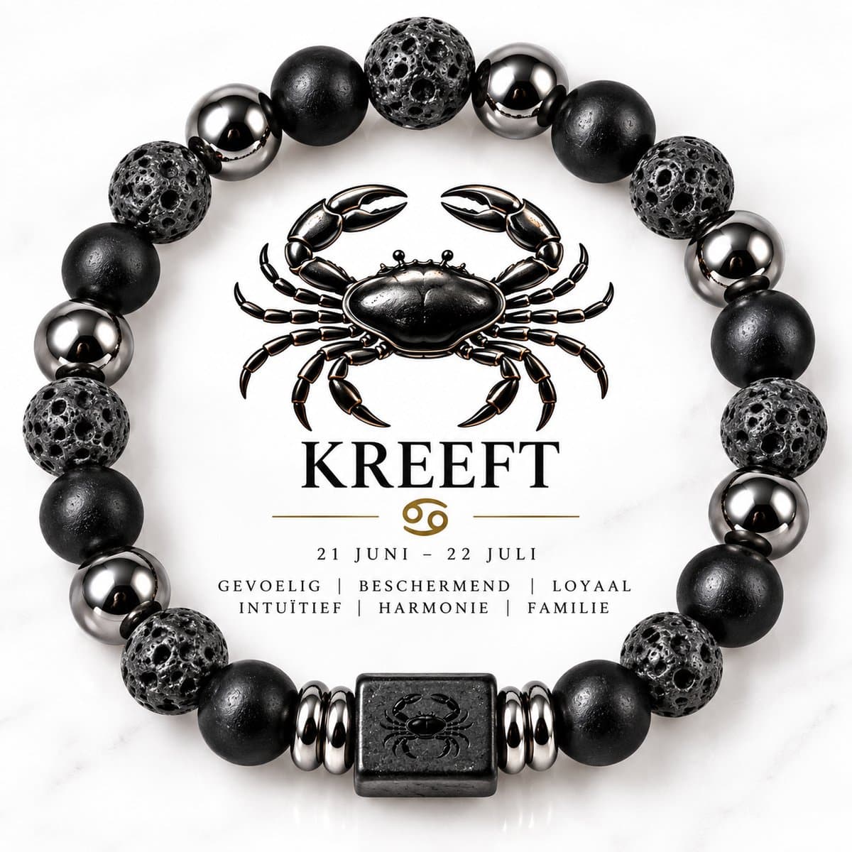 S4H® Kreeft Sterrenbeeld Armband – 18 cm – 8 mm Lavasteen, Zwarte Agaat & Hematiet – Cancer Zodiac Edelstenen Armband – Dames & Heren