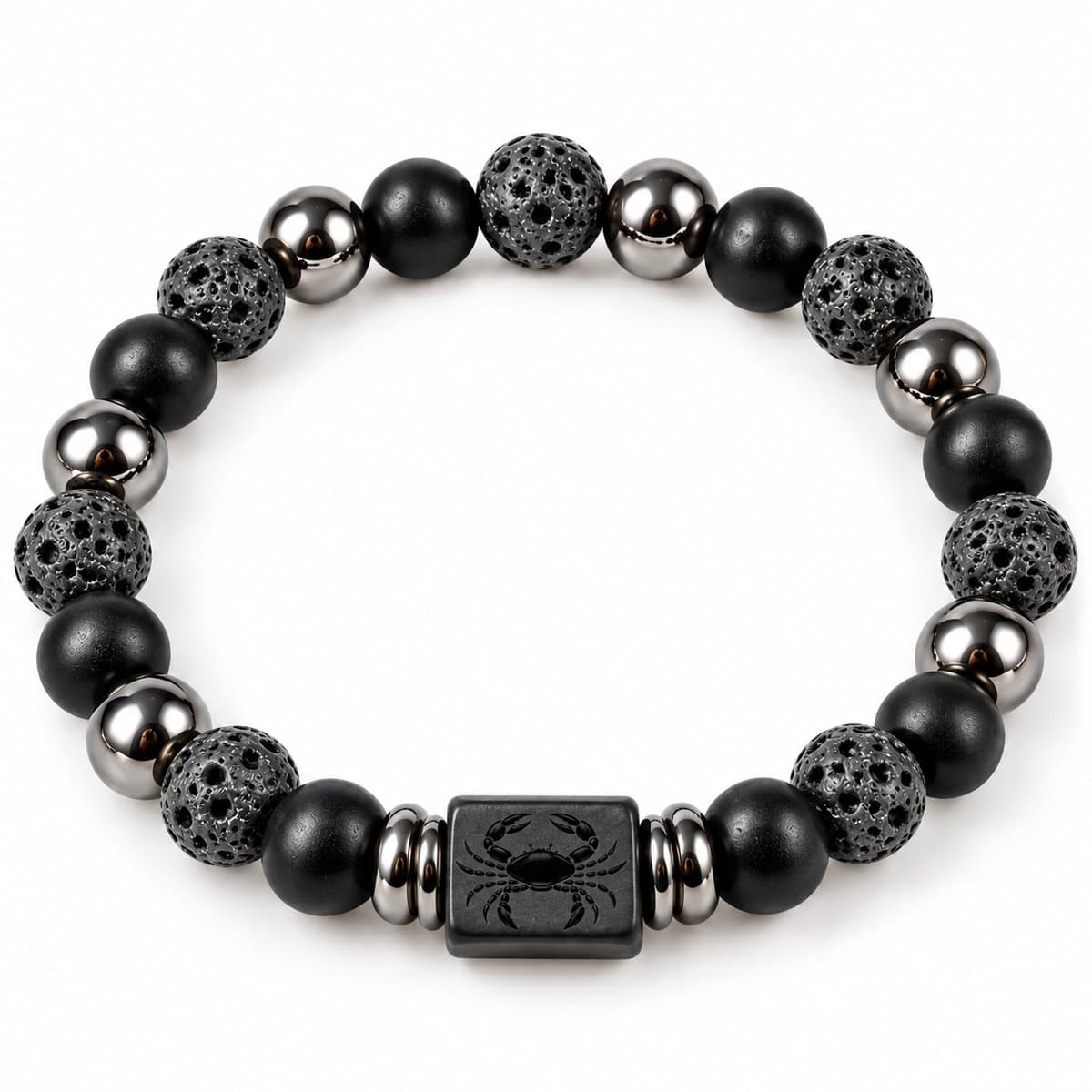 S4H® Kreeft Sterrenbeeld Armband – 18 cm – 8 mm Lavasteen, Zwarte Agaat & Hematiet – Cancer Zodiac Edelstenen Armband – Dames & Heren
