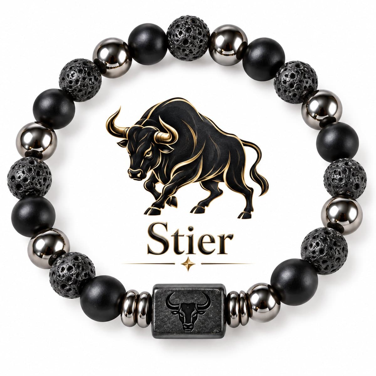 S4H Sterrenbeeld Armband Stier 18 cm – 8mm Kralen – Lavasteen, Mat Zwarte Agaat & Hematiet – Unisex