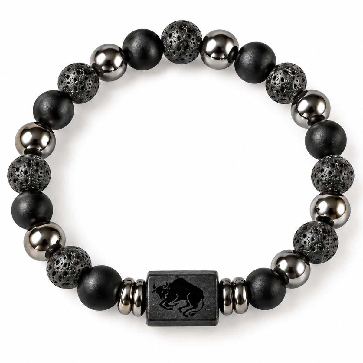 S4H Sterrenbeeld Armband Stier 18 cm – 8mm Kralen – Lavasteen, Mat Zwarte Agaat & Hematiet – Unisex