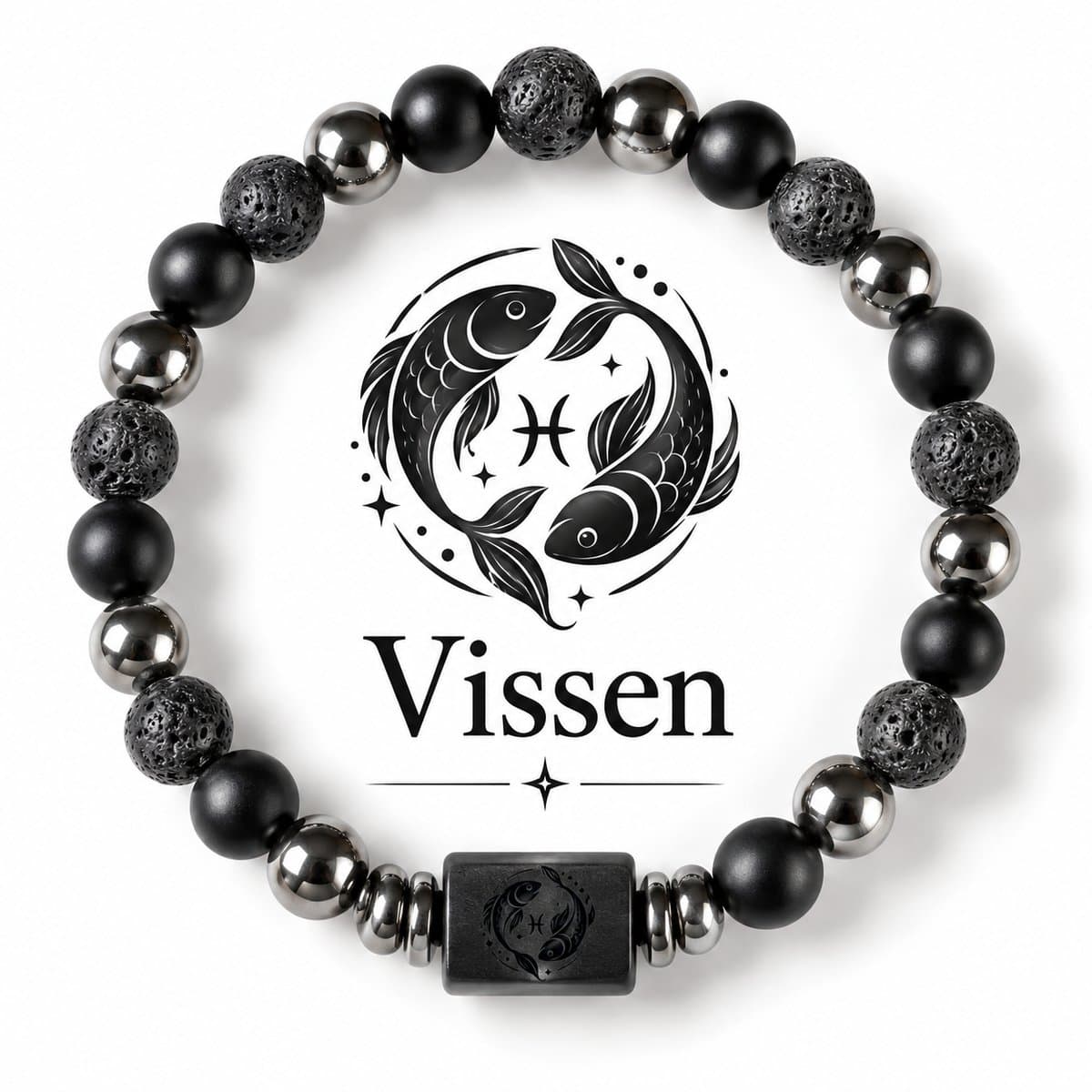S4H® Vissen Sterrenbeeld Armband – 18 cm – 8 mm Lavasteen, Zwarte Agaat & Hematiet – Zodiac Armband – Unisex