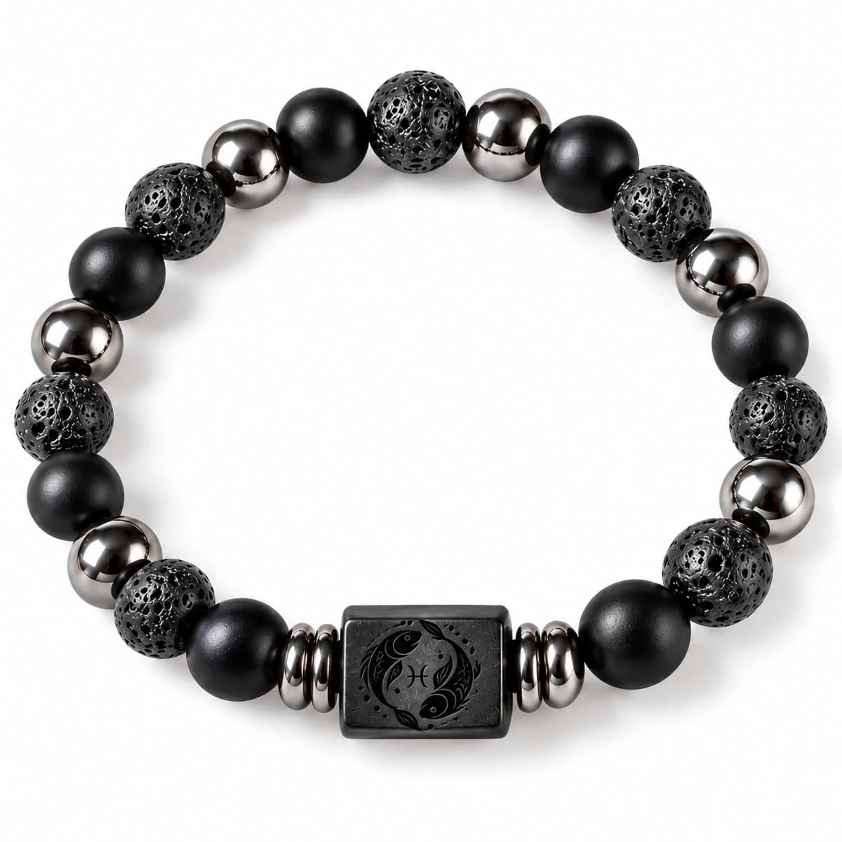 S4H® Vissen Sterrenbeeld Armband – 18 cm – 8 mm Lavasteen, Zwarte Agaat & Hematiet – Zodiac Armband – Unisex