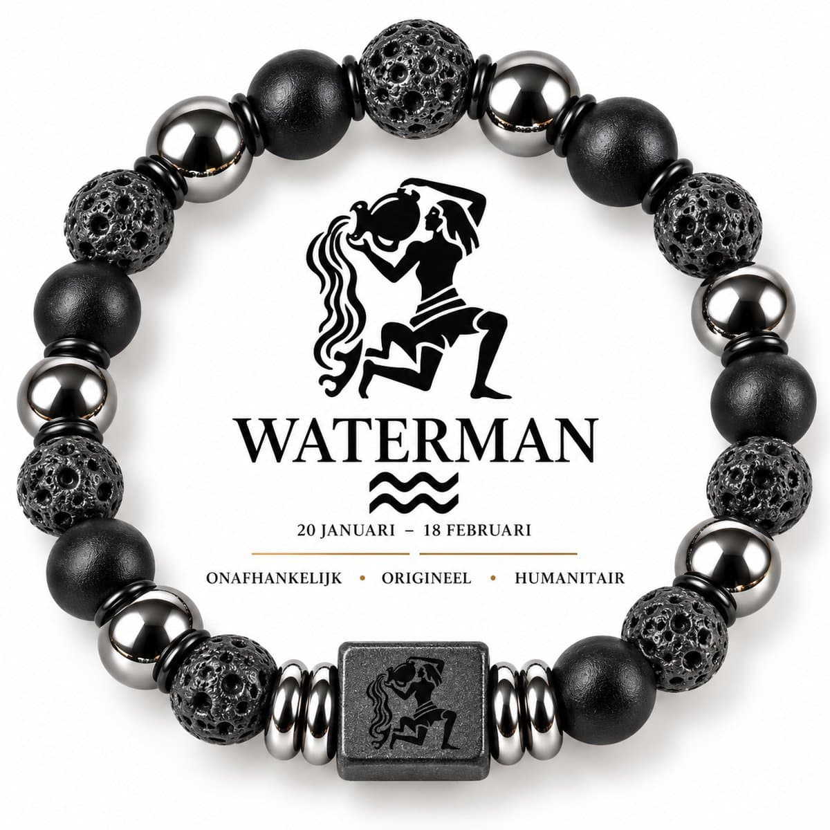 S4H Sterrenbeeld Armband Waterman 18 cm – 8mm Kralen – Lavasteen, Mat Zwarte Agaat & Hematiet – Unisex