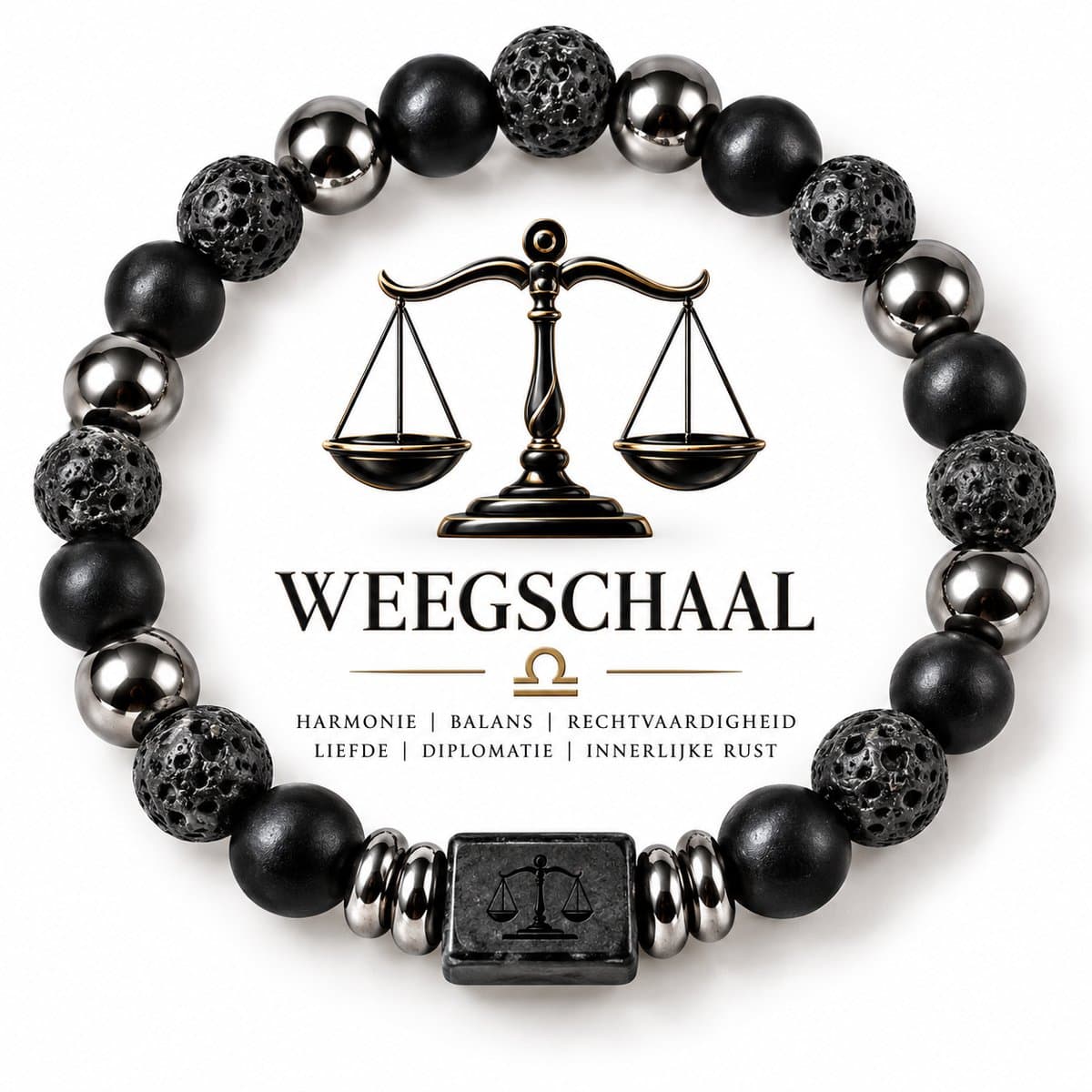 S4H Sterrenbeeld Armband Weegschaal 18 cm – 8mm Kralen – Lavasteen, Mat Zwarte Agaat & Hematiet – Unisex