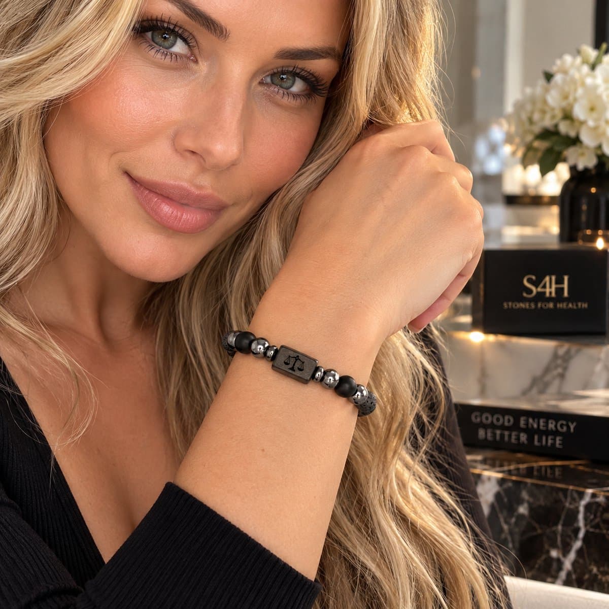 S4H Sterrenbeeld Armband Weegschaal 18 cm – 8mm Kralen – Lavasteen, Mat Zwarte Agaat & Hematiet – Unisex