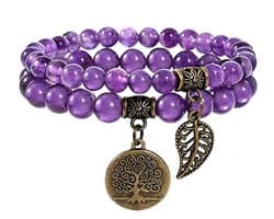 S4H Amethist Mala Armband – Natuursteen 8mm – Boom des Levens & Blad Bedel – Spirituele Bescherming, Innerlijke Rust & Kracht