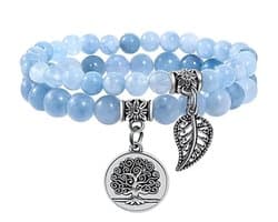 S4H Aquamarijn Armband – Dubbel met Levensboom & Blad (zilver)
