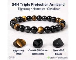 S4H Kralenarmband - Tijgeroog Hematiet Obsidiaan - 8 mm - 18 cm
