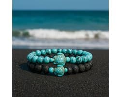S4H - Turquoise & Lava Armband Set met Schildpad – Edelsteen Armbanden Heren & Dames – Spirituele Armband Balans & Bescherming – Natuursteen – Sieraden met Betekenis