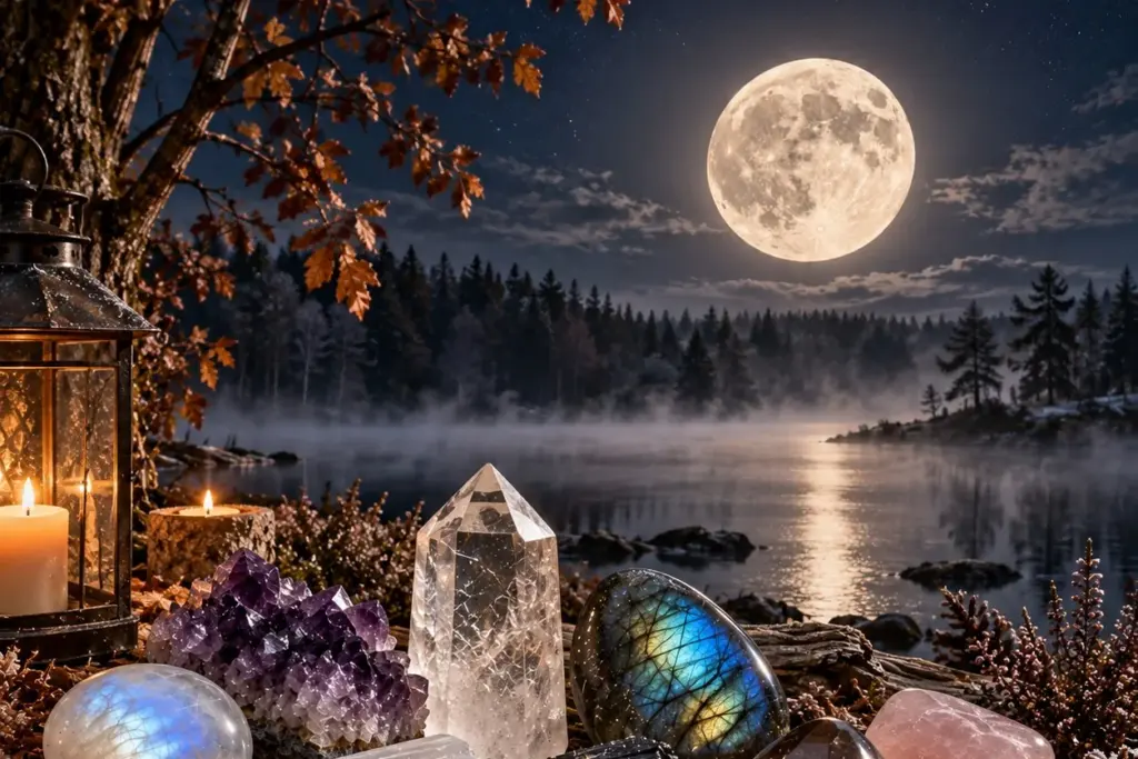 Volle Bevermaan november 2026 met amethist, bergkristal, maansteen, labradoriet, rookkwarts en zwarte toermalijn