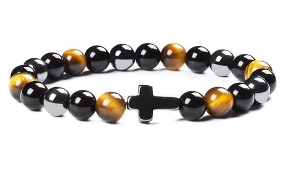 S4H TIJGEROOG, HEMATIET , OBSIDIAN EDELSTENEN ARMBAND 8 MM KRALEN MET KRUIS SIZE 18 CM