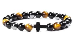 S4H TIJGEROOG, HEMATIET , OBSIDIAN EDELSTENEN ARMBAND 8 MM KRALEN MET KRUIS SIZE 18 CM