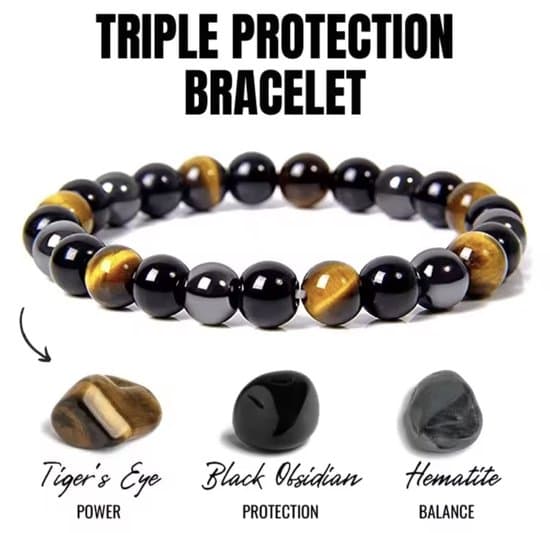 S4H Triple Protection Tijgeroog / Hematiet/ Obsidian Edelstenen armband 8mm kralen / size 18 cm