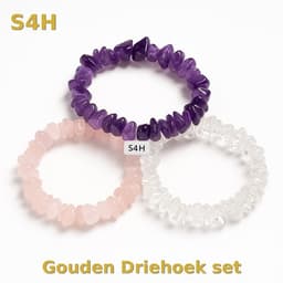 S4H® Gouden Driehoek Armband Set – Splitarmbanden (Amethist, Rozenkwarts & Bergkristal)